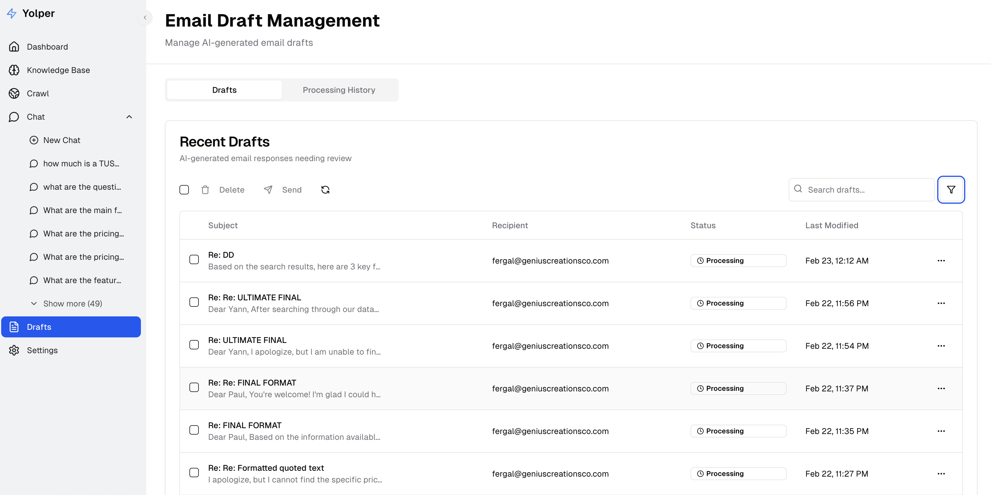 AI email draft management interface