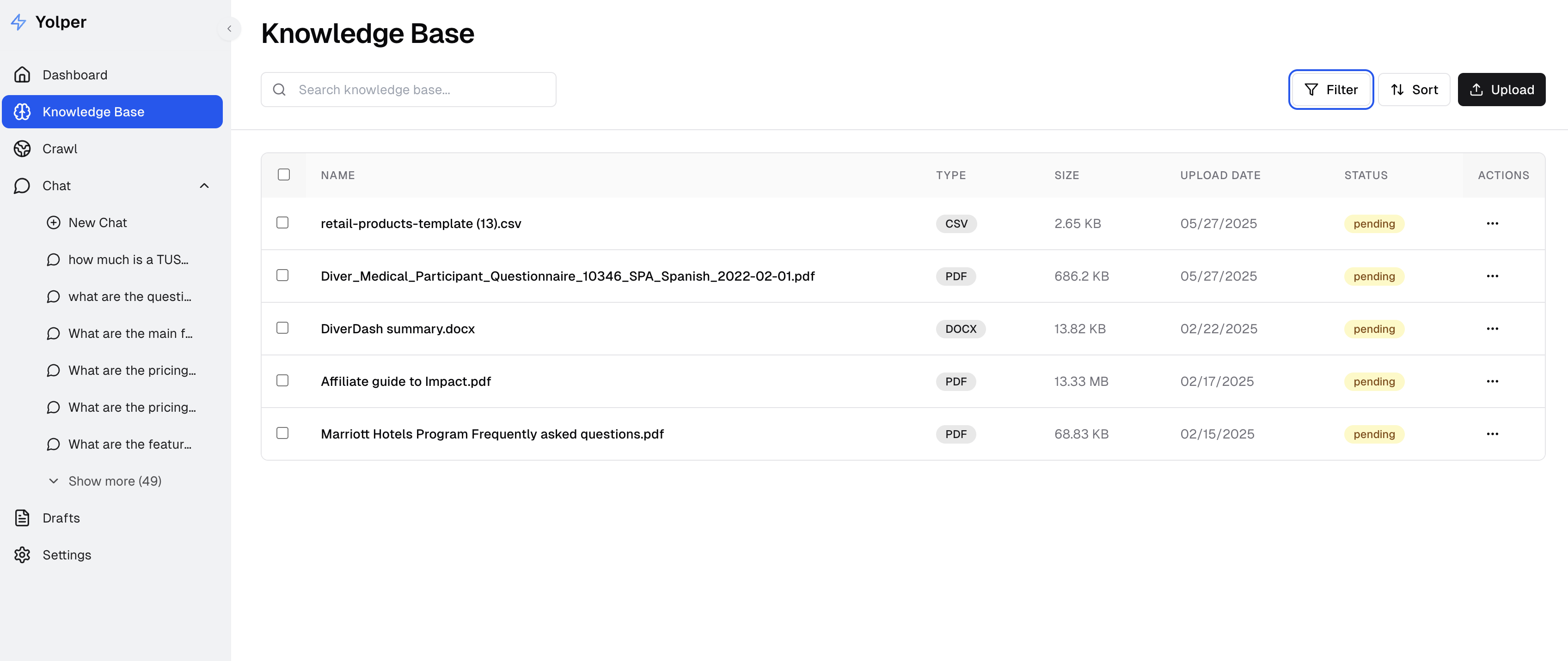 Yolper AI Knowledge Base - Document management interface